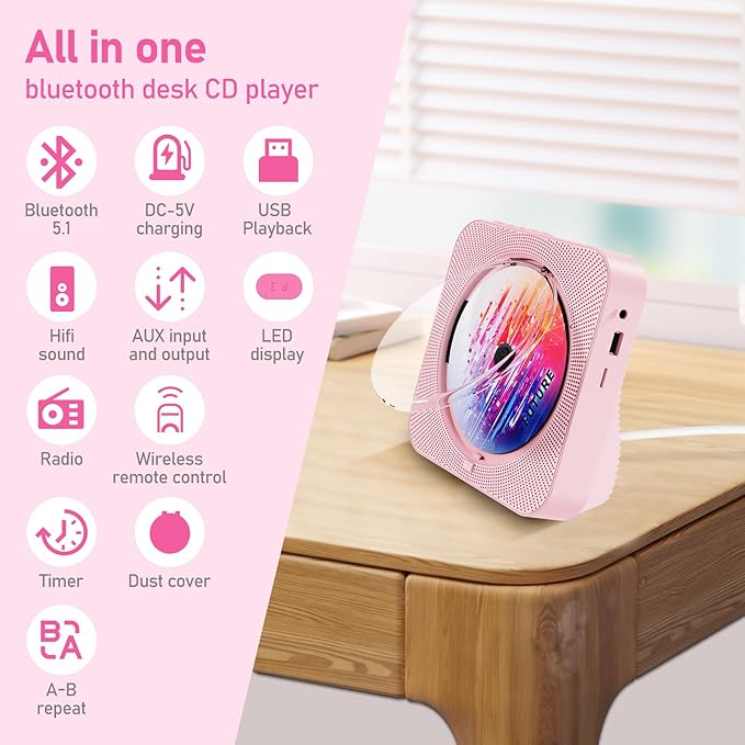 CD Player Portable Bluetooth 5.1 Desktop CD Player - Image 6