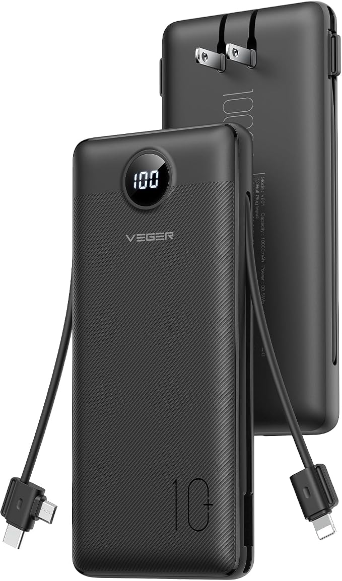 VEGER AC Wall Plug Portable Charger, 10000mah Slim Portable Charger Built in by VEGER