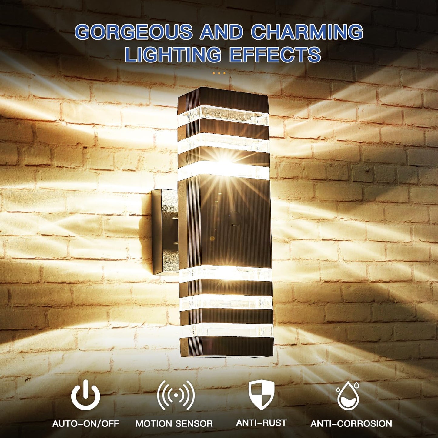 2 Pack Motion Sensor Outdoor Wall Light Fixture Up Down Porch Lights Modern Dusk to Dawn Exterior Sconce Light Wall Mount Outside Coach Lantern for House Front Door Garage (With 4 Dimmable Warm Bulbs)