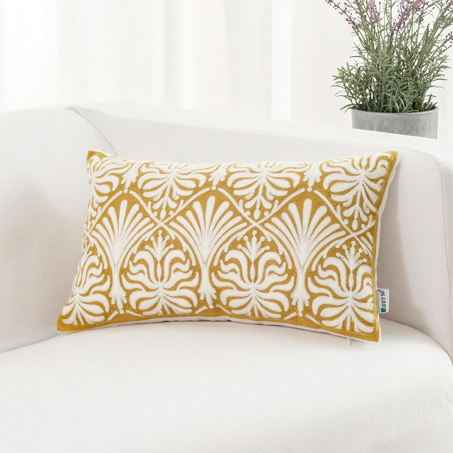 HWY 50 Mustard Yellow Decorative Lumbar Pillow Cover Rectangle 12x20 Inch (1 Piece), Embroidered Cotton Farmhouse Cushion Cover Pillow Case for Sofa Couch Living Room Bed, Minimalist Floral