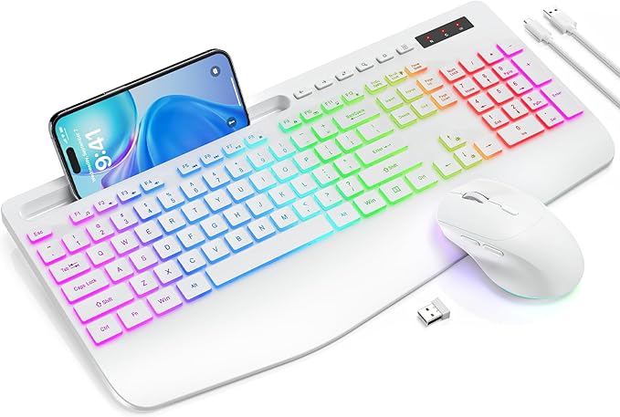 Wireless Keyboard and Mouse Backlits, Wrist Rest, LED Mouse, Rechargeable by SABLUTE