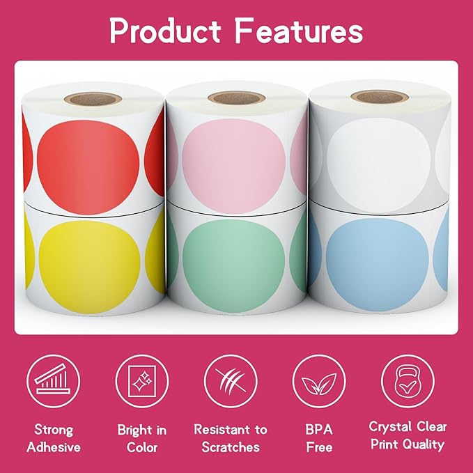 6 Rolls 2 Inch 6-Color Assorted Circle Direct Thermal Stickers Labels, - Image 4