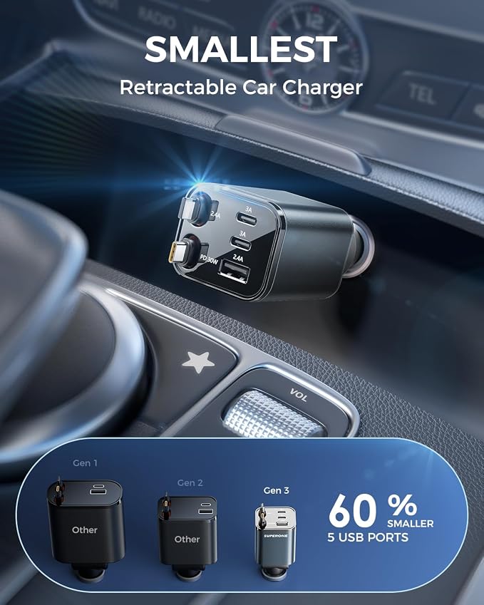 【2025 Ultra-Compact】 SUPERONE Retractable Car Charger, 5 in 1 Car Phone Charger - Image 4