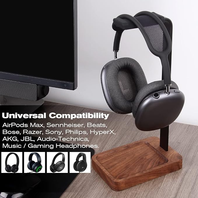 Walnut Wood & Aluminum Headset Holder, Desktop Headphone Stand, Universal - Image 6