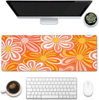 Desk Pad - Hippie Vintage Orange Flowers Desk Mat, Retro Floral Large Gaming by Eflxamz