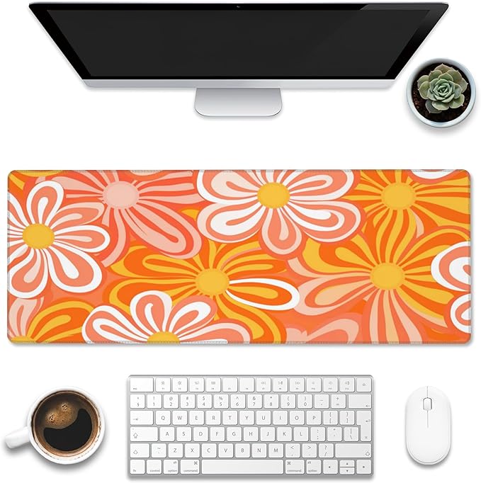 Desk Pad - Hippie Vintage Orange Flowers Desk Mat, Retro Floral Large Gaming by Eflxamz