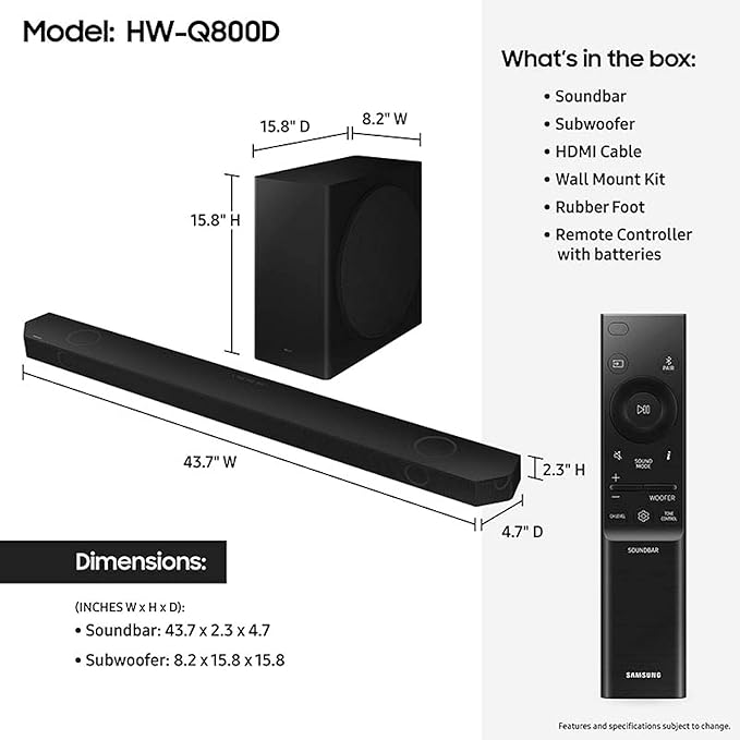 Samsung Q800D 5.1.2ch Soundbar w/Wireless Dolby Atmos Audio, Q-Symphony - Image 2