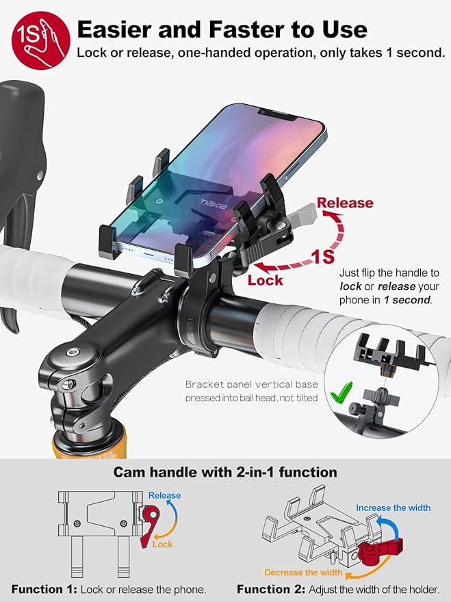 Tiakia Bike Phone Mount Holder, Aluminum Motorcycle Phone Mount, Handlebar - Image 4