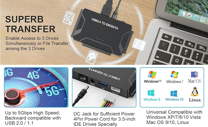 USB 3.0 to SATA IDE Adapter, Hard Drive Reader External Ultra Recovery - Image 5