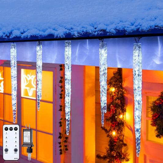 Icicle Lights Outdoor with Remote, 2 Pack Total 40ft 40 Tubes 200 LED Ice Shape String Lights, Connectable Hanging Christmas Decoration Lights for Tree Patio Roof Holiday Decor, Cool White