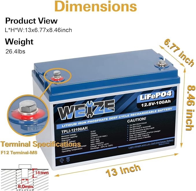 Weize 12V 100Ah TM LiFePO4 Lithium Battery, Built-in Smart BMS, Group 31 Deep - Image 2