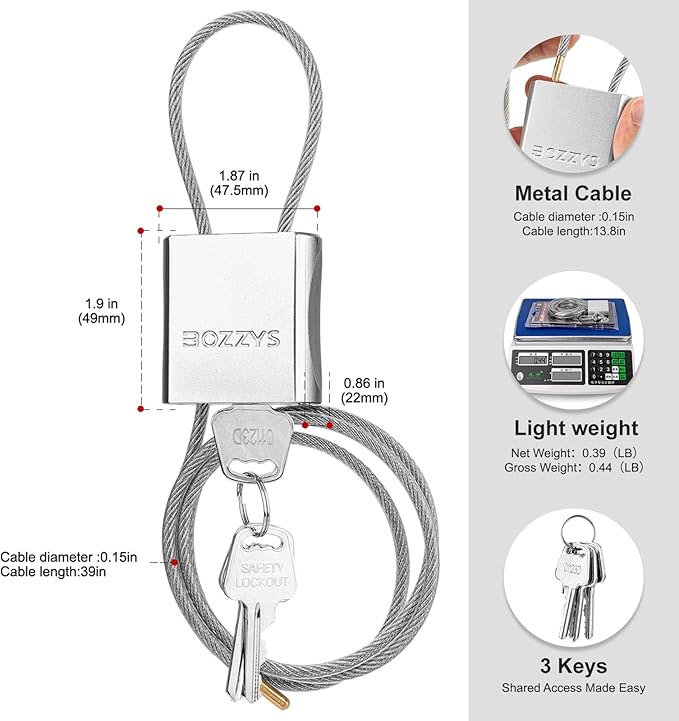 Cable Lock with 3 Keys | L 3.28ft, D 1/6in Adjustable Steel Cable Padlock | - Image 2