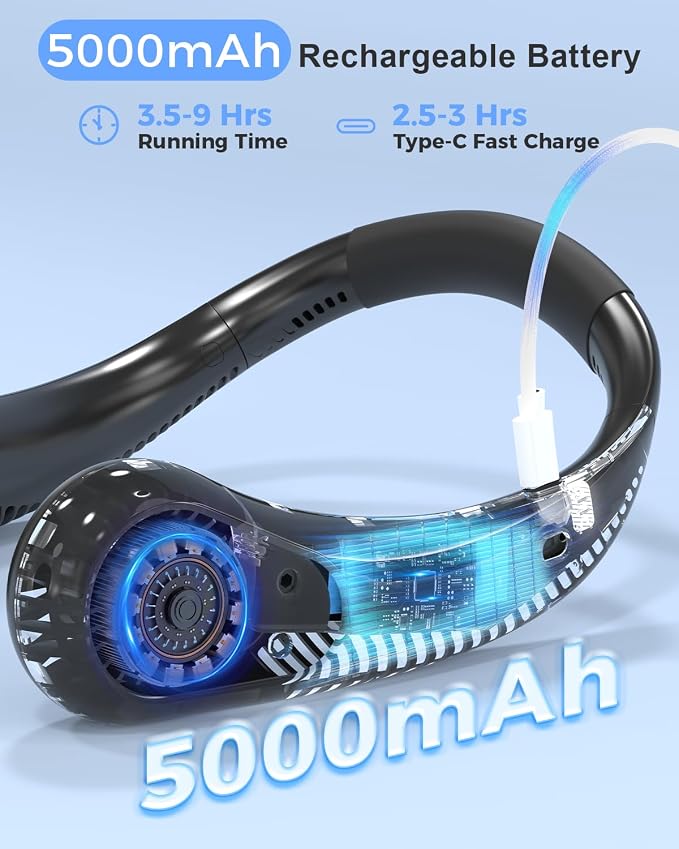 Bladeless Neck Fan, 5000mAh Rechargeable Battery Powered, 3 Speeds, Angle - Image 2