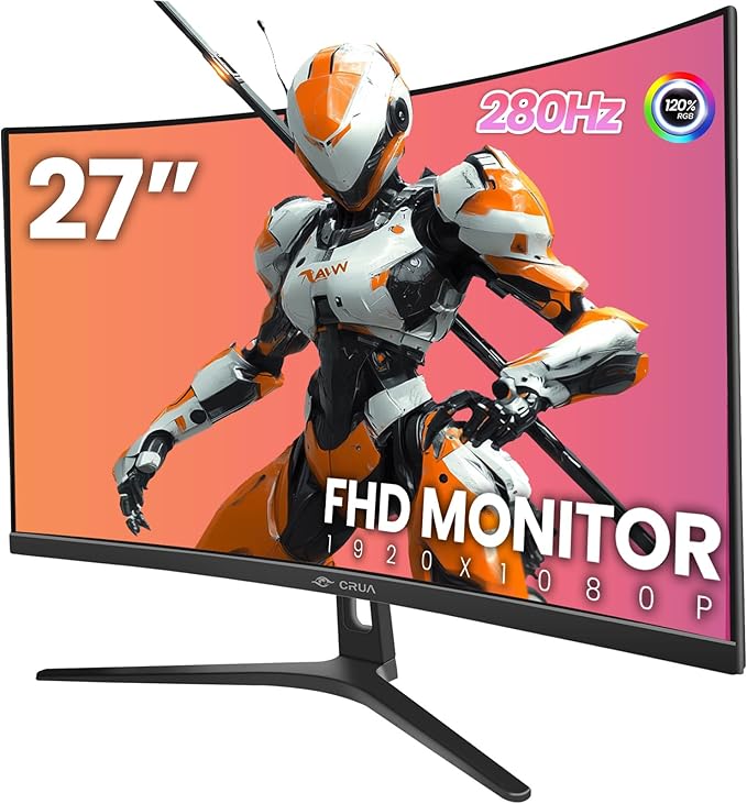 CRUA 27" Curved Gaming Monitor, 280Hz FHD, 1800R VA Panel, 120% sRGB, Support by CRUA