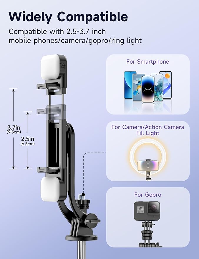 53'' Selfie Stick Tripod with Light, Extendable Selfie Stick with Remote - Image 5