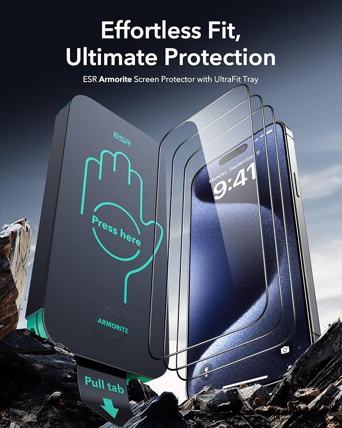 ESR 3 Pack 9H+ Glass for iPhone 15 Pro Screen Protector, Armorite Ultra-tough - Image 2
