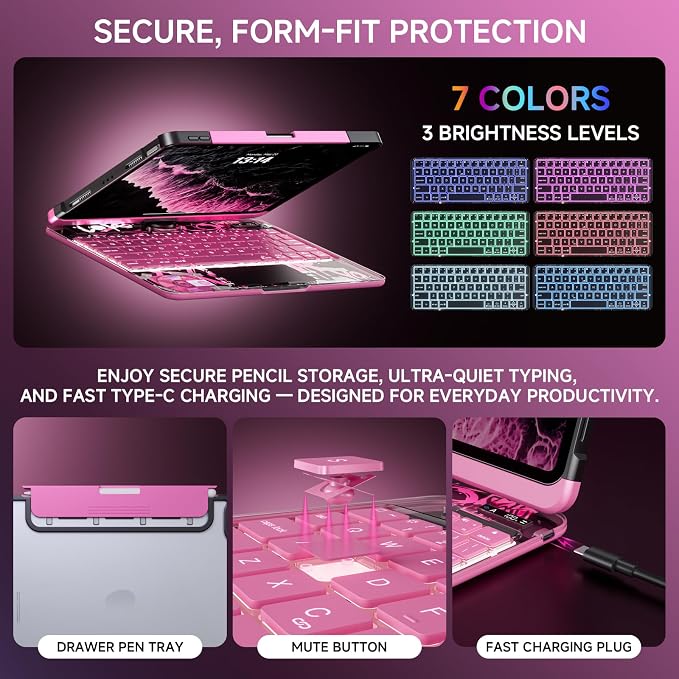Transparent Case with Keyboard for 2024 iPad Pro 11-inch, with 7-Color Backlit - Image 7