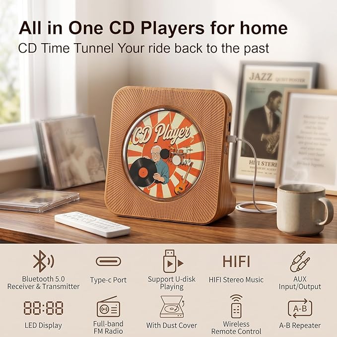 Gueray CD Player Portable Bluetooth Desktop CD Player - Image 8