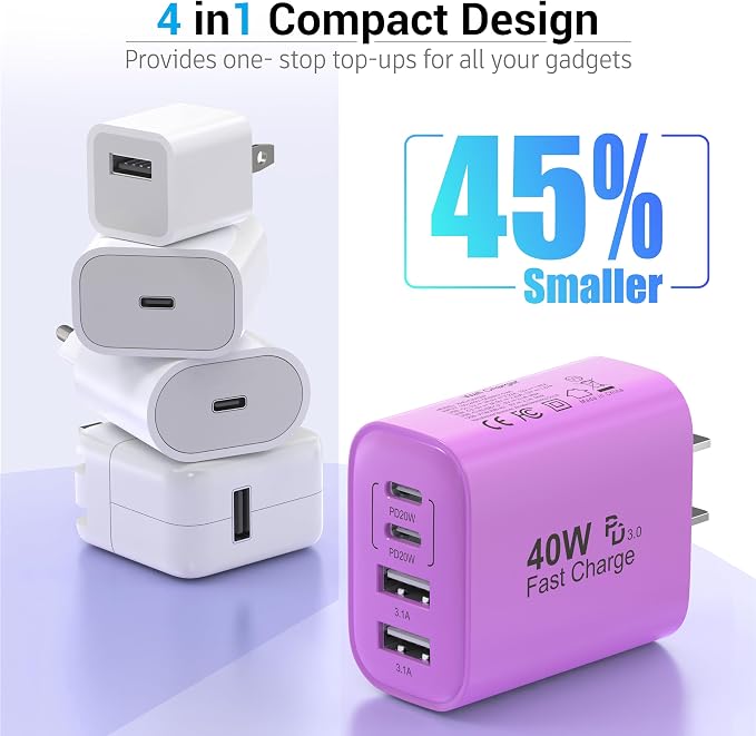 USB C Block 40W, 4 Ports Wall Plug Fast Charging Block, PD+QC Multiport Power - Image 6