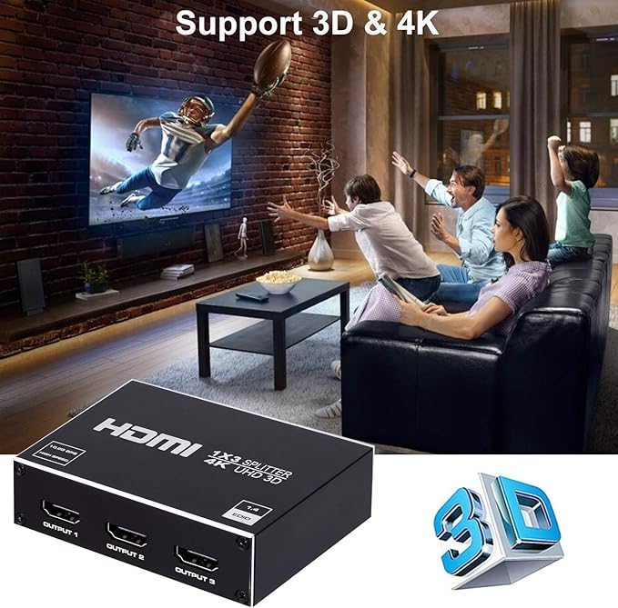 1x3 HDMI Splitter, 1 in 3 Out HDMI Splitter Audio Video Distributor Box Support - Image 6