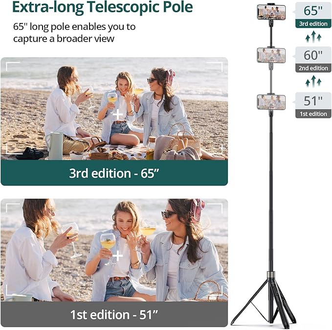 ATUMTEK 65" Selfie Stick Tripod, All in One Extendable Phone Tripod Stand - Image 2