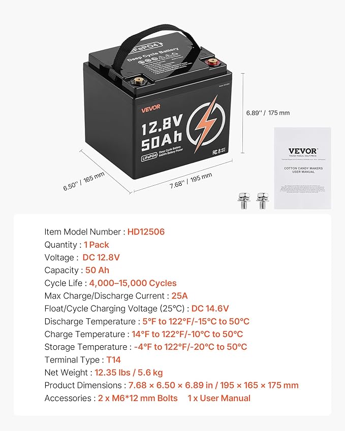 VEVOR 12V 50Ah LiFePO4 Battery, Deep Cycle Lithium Iron Phosphate Battery - Image 7