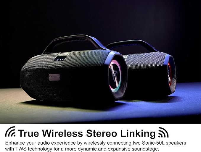 Rockville SONIC-50L Portable Bluetooth Speaker, 50W Stereo Sound, Dual LED Rings - Image 4