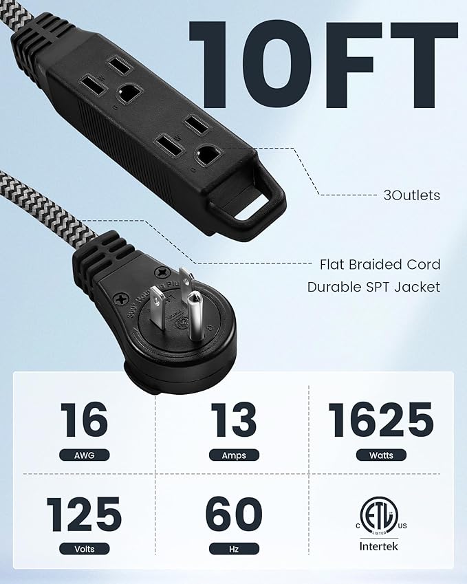 SURAIELEC 10FT 360° Rotating Flat Plug Extension Cord Flat Wall Plug - Image 2
