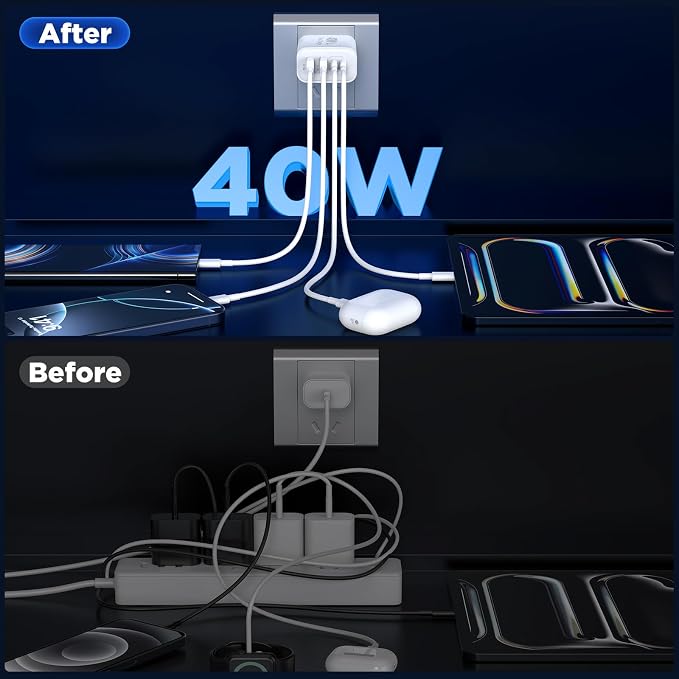 iPhone 16 Charger Block 4-Port, 40W USB C PD Power Adapter Fast Charging+ QC - Image 3