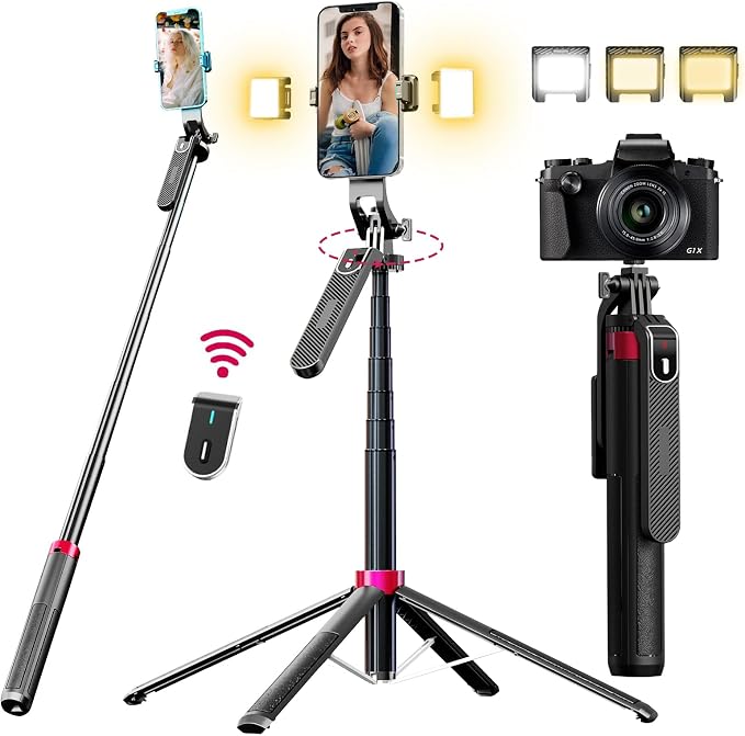 WOVTE 62" Selfie Stick with 2 Lights, Extendable Stand by WOVTE
