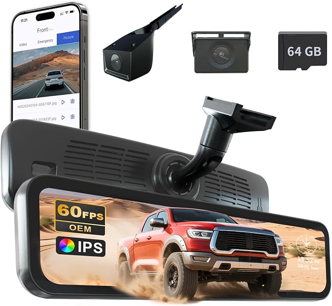 60FPS 9.2″ OEM Rear View Mirror Camera, Dash Cam, Detached Front Lens, Digital by Sinjet
