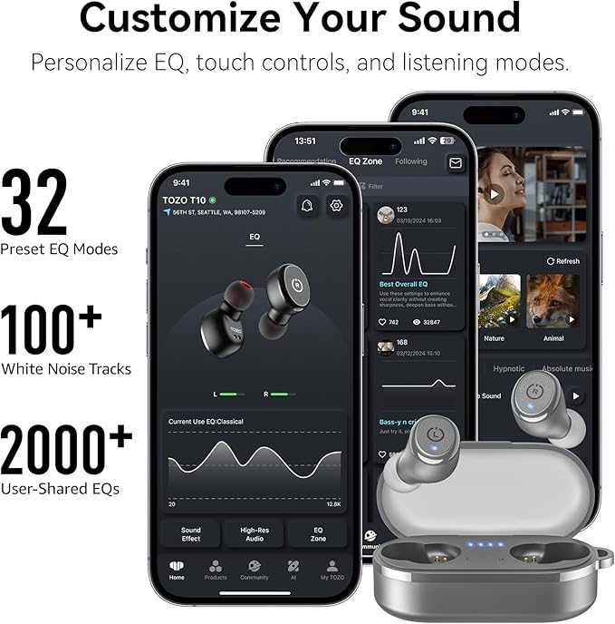 TOZO T10 Wireless Earbuds Bluetooth 5.3 Headphones, App Customize EQ, Ergonomic - Image 6