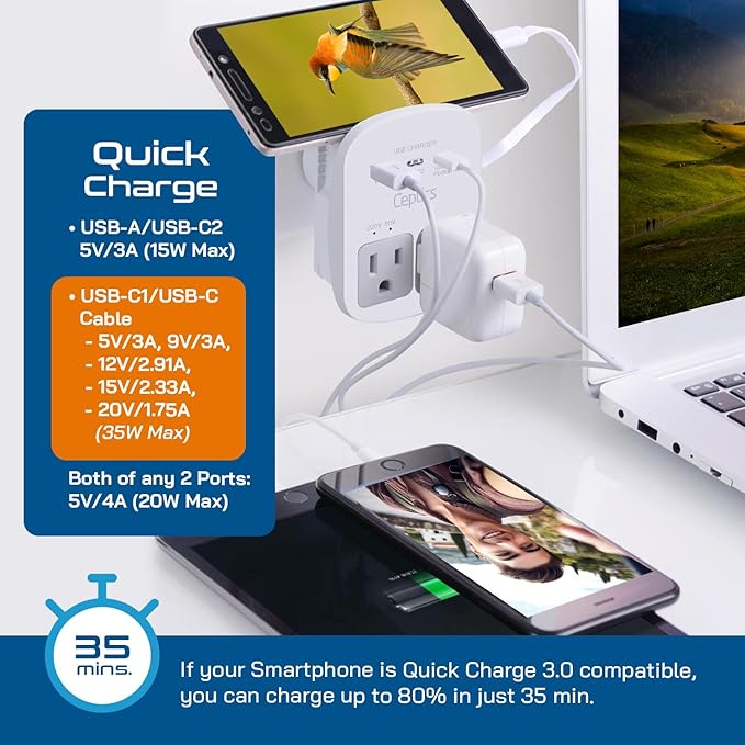 Ceptics 35W Universal Travel Adapter Kit – 2 USA sockets, 1x PD 35W USB-C and - Image 6