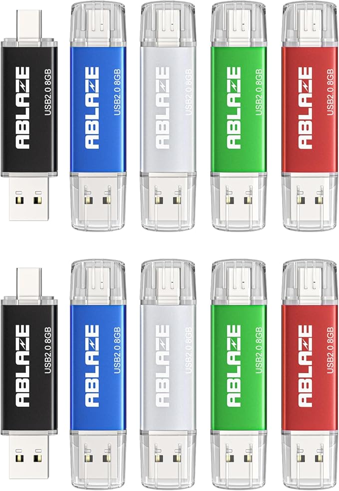 ABLAZE 8GB Type C Flash Drive 10 Pack, Dual USB 2.0+USB C Memory Stick Thumb by ABLAZEGlobal