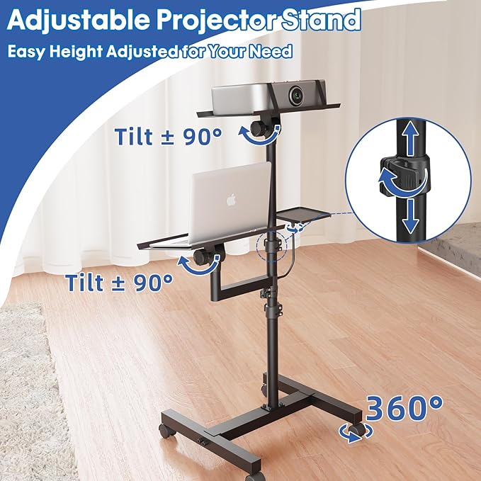 2 Shelves Mobile Projector Stand, Rolling Laptop Stand Adjustable Height to 47 - Image 5