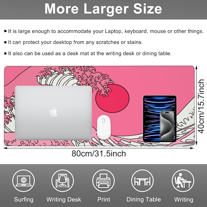 Mouse Pad, Large Great Wave in Vaporwave Pop Art Desk Mat, Extended Non-Slip - Image 2