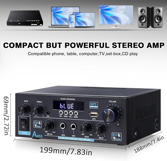 AK55 Bluetooth 5.0 Amplifier Home Audio, 2.0 Channel Max 450W Power Stereo - Image 4
