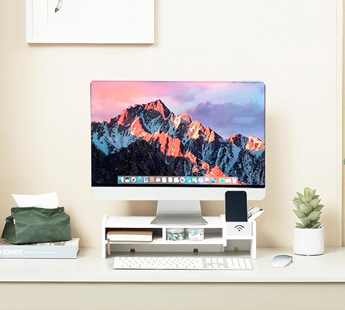 White Monitor Stand Riser, MDF Laptop Riser Shelf by Unknown