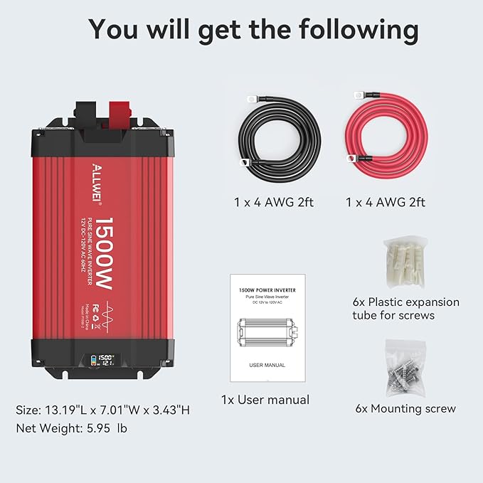 ALLWEI 1500W Pure Sine Wave Inverter 12V DC to 110V/120V AC Converter, Surge - Image 7