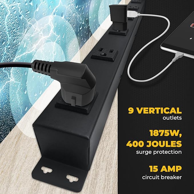 9 Black Verticle Outlets 6 Feet Power Cord Heavy Duty Metal Surge Protector - Image 4