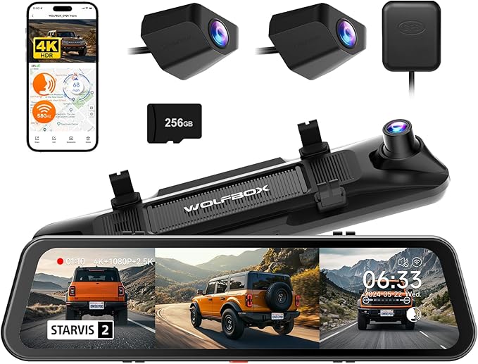 WOLFBOX G900 Tripro Bumper Version 3 Channel 4K Mirror Dash Cam, STARVIS 2 by WOLFBOX