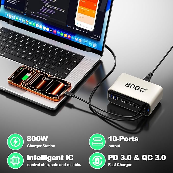 USB C Charging Station 800W, USB Fast Charger Block 10 Ports, Dual 140W PD PPS - Image 7