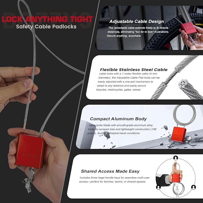 Cable Lock with 3 Keys | L 3.28ft, D 1/6in Adjustable Steel Cable Padlock | - Image 5