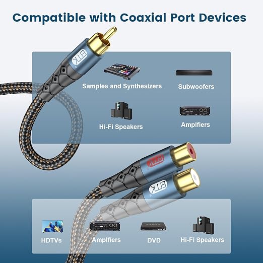 EMK RCA Splitter 1 Male to 2RCA Female Copper Shell Gold-Plated Y Adapter RCA - Image 3