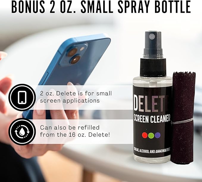 Delete Screen Cleaner Spray Kit, 2 Pack, 16oz and 2oz Bottle and 12"x12" - Image 3