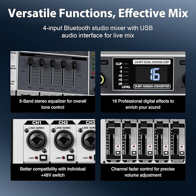 Professional Audio Mixer, Phenyx Pro Sound Console w/USB Audio Interface - Image 3