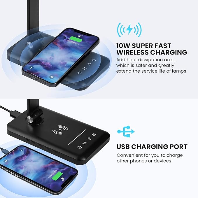 LED Desk Lamp with Night Light, Fast Wireless Charger, USB Charging Port - Image 2