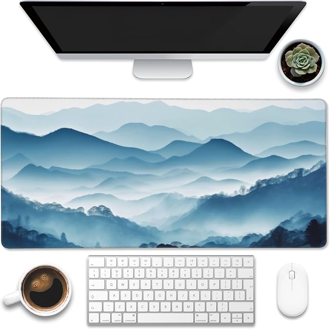 Large Gaming Mouse Pad, Mountain Desk Mat, Misty Forest Mountains Desk Pad by Eflxamz