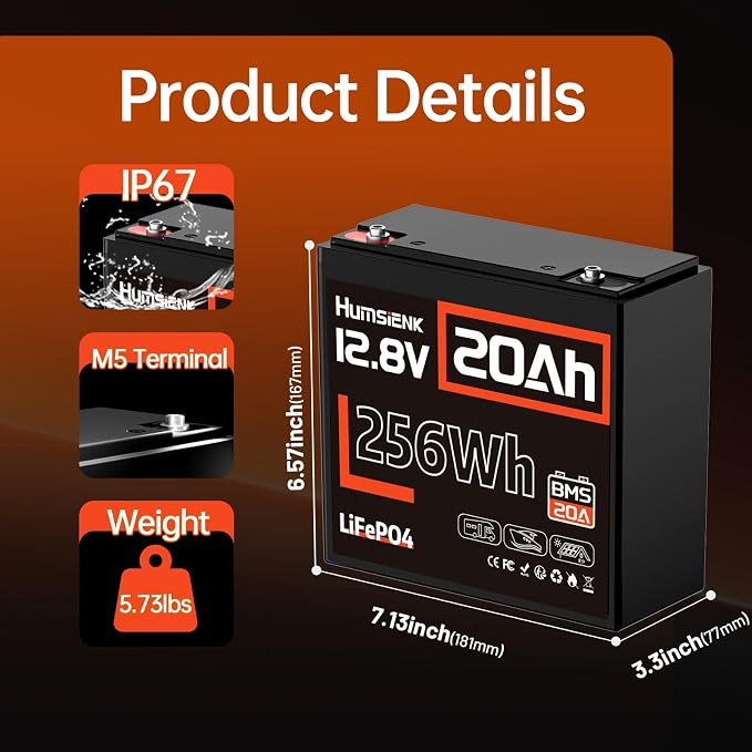 12V 20Ah LiFePO4 Lithium Battery, Built-in 20A BMS, EV Grade A+ Cells, - Image 6