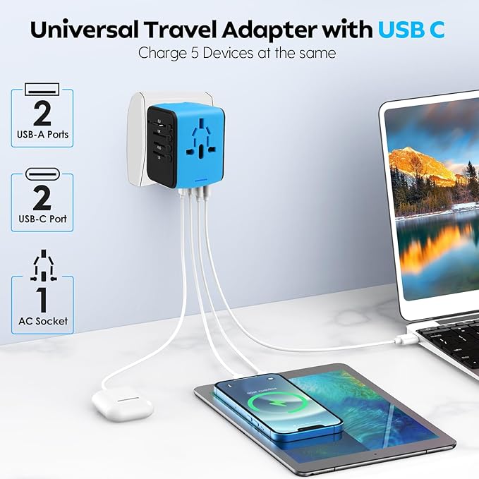 JMFONE Universal Travel Adapter, 4 USB C/A Ports & 2500W AC Outlets, All-in-One - Image 2